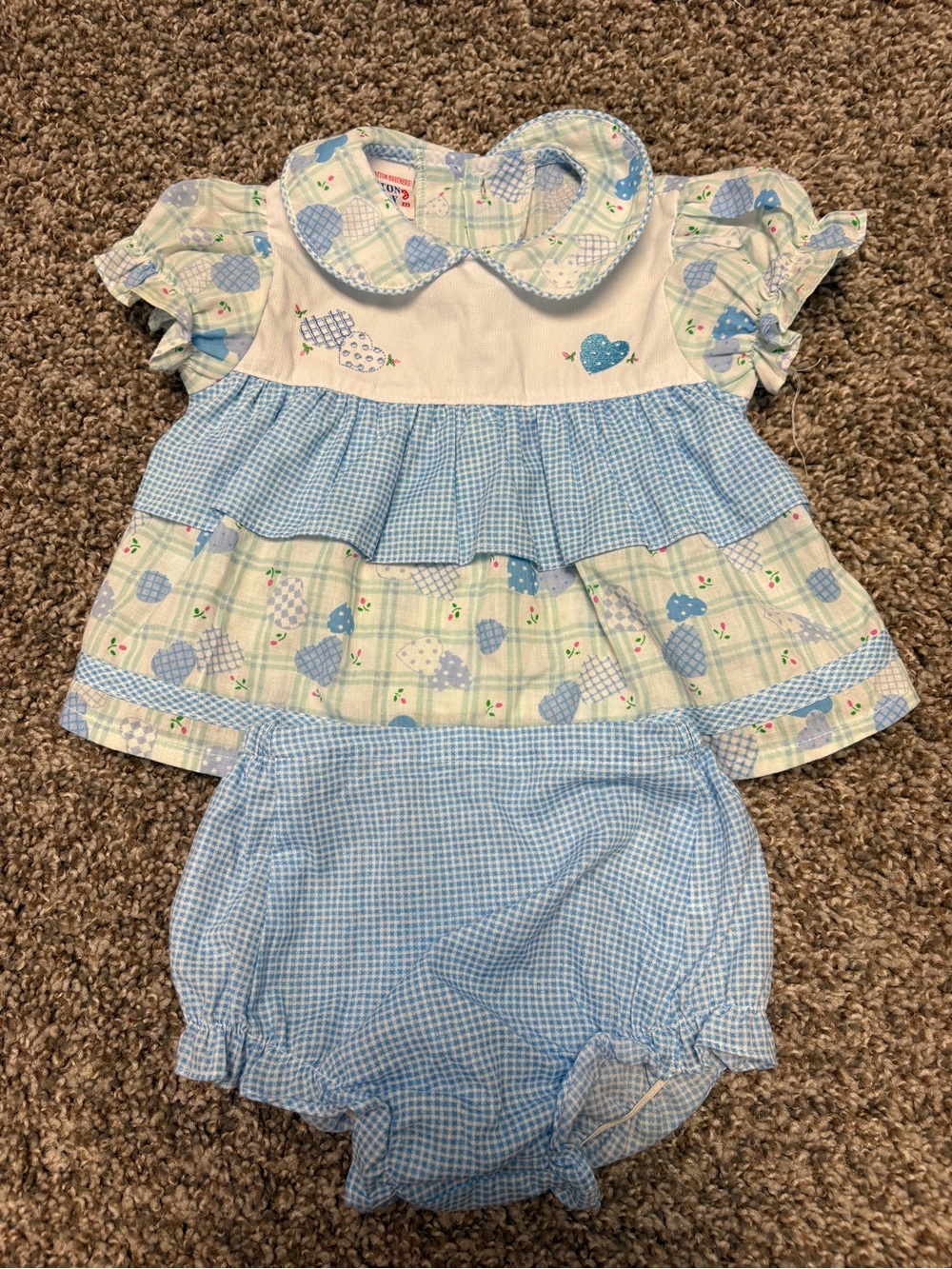 Cotton Candy Blue & Cream Plaid Heart Baby Dress with Bloomers